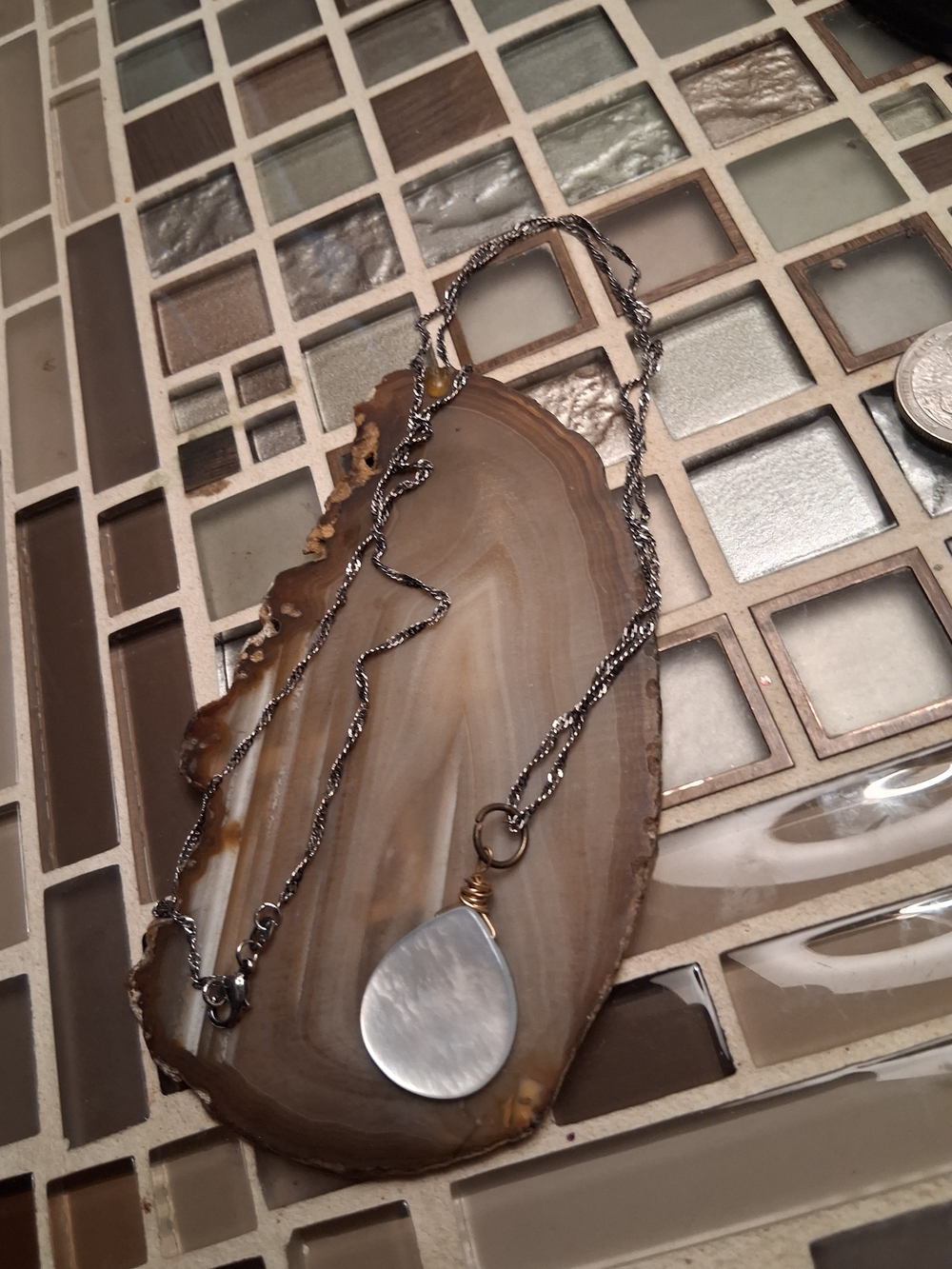 Mother-of-Pearl Teardrop Pendant Necklace in White on Silver Chain